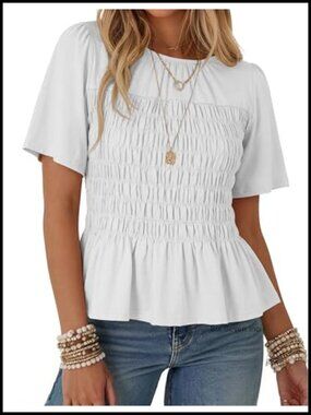 Women's Smocked Peplum Babydoll Blouse Ruffle Hem Short Puff Sleeve Top